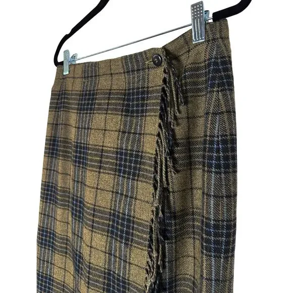Vintage Liz Clairborne Lizwear Women's Pencil Wrap Wool Midi Skirt Plaid Fringe - Picture 3 of 7